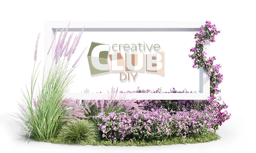 grafika Logo CC DIY w białej ramie nad trawnikiem z krzakami z kwiatami i trawami ozdobnymi