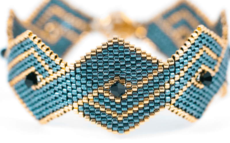 biżuteria bransoletka z koralików miyuki Wzór rąby kolor morski i złoty